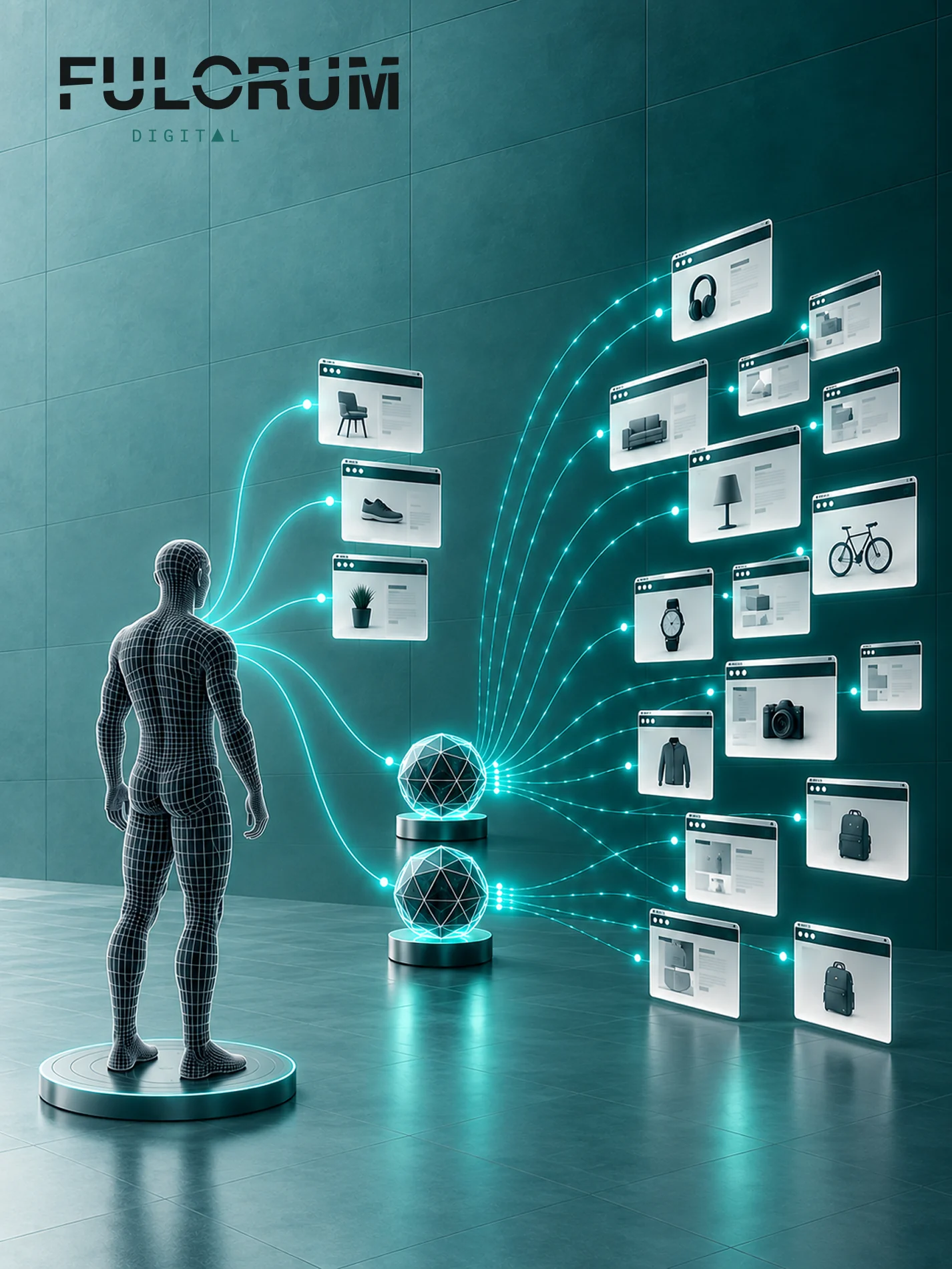 A customer connected through AI agents to multiple digital commerce experiences