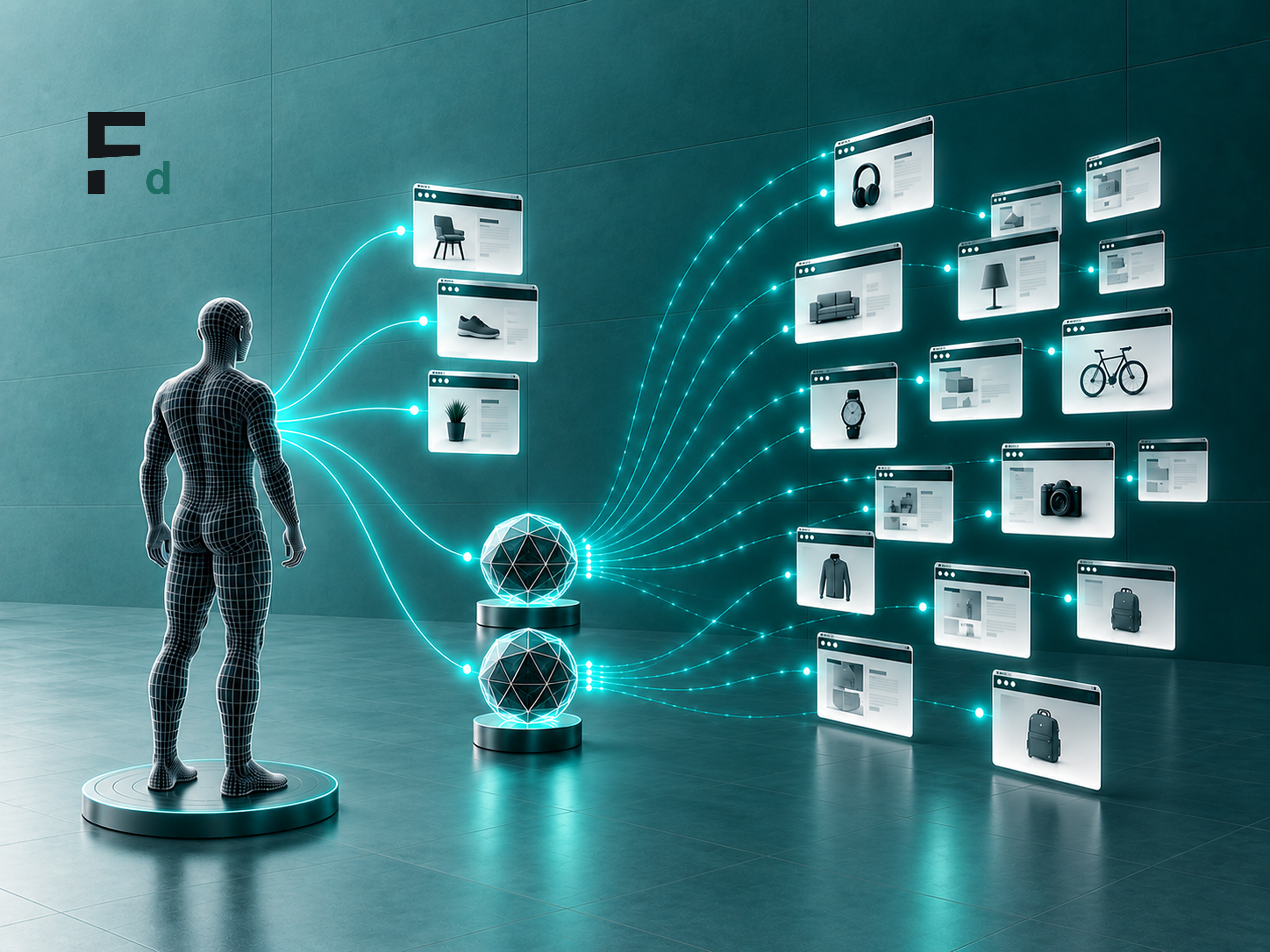 A customer connected through AI agents to multiple digital commerce experiences