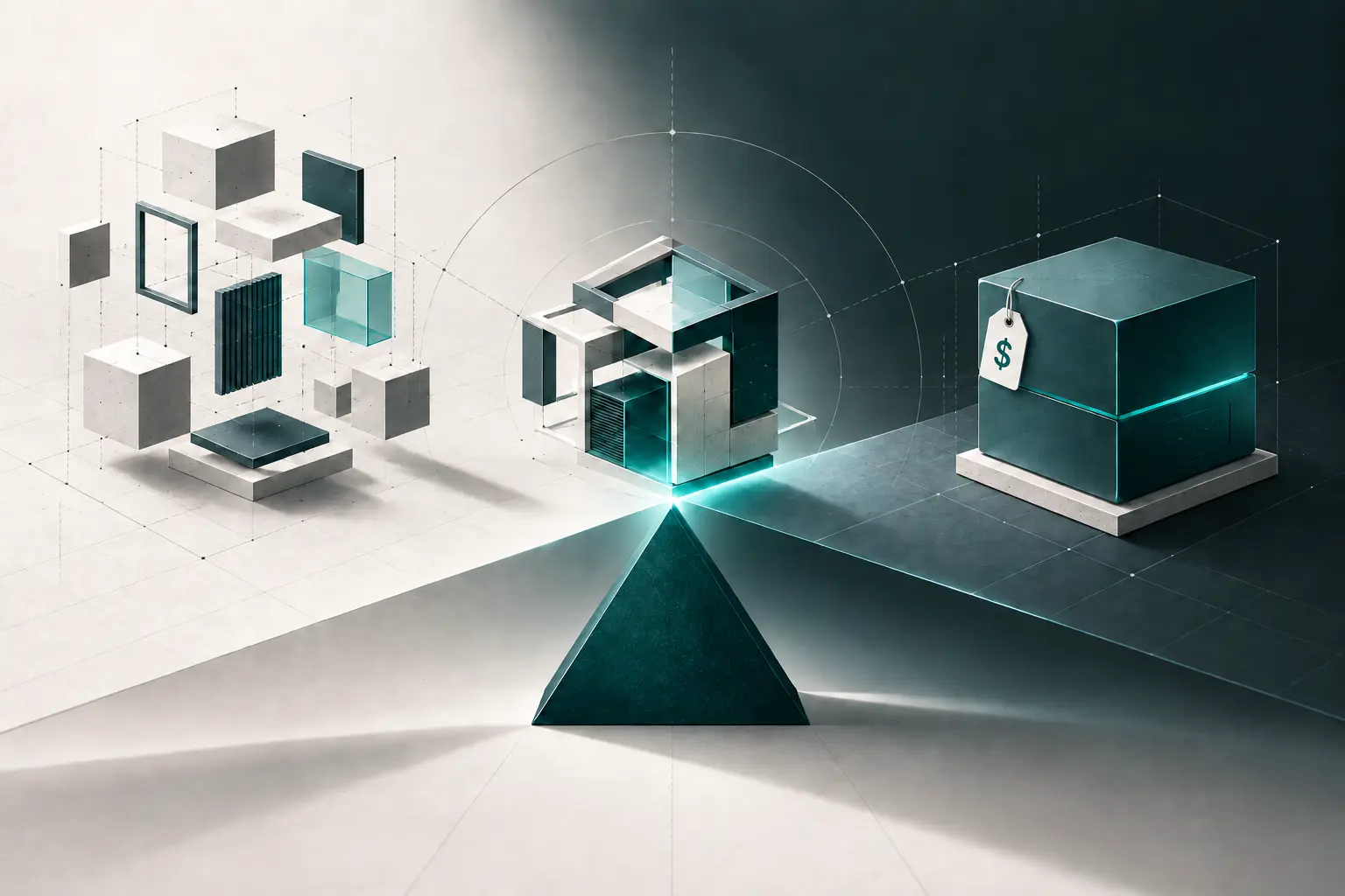Build, buy and hybrid software approaches arranged around a triangular fulcrum
