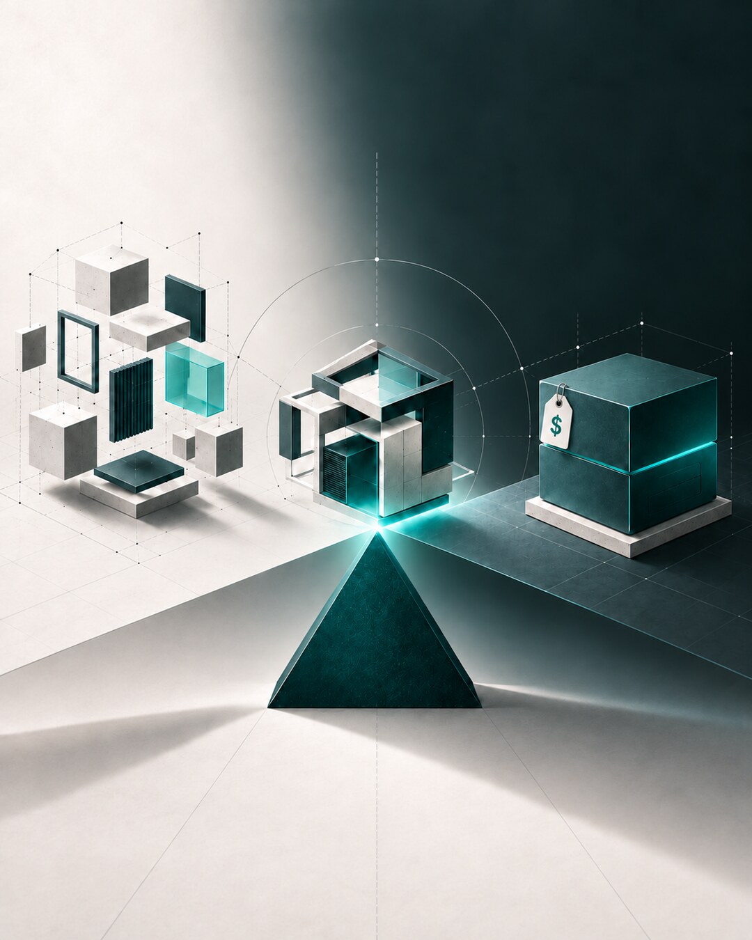 Build, buy and hybrid software approaches arranged around a triangular fulcrum